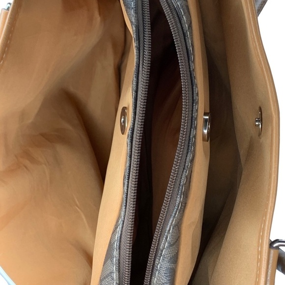 Big Buddha 2 Tone Brown Logo Pattern 3 Large Compartment Top Zip Satchel Handbag - Picture 9 of 16